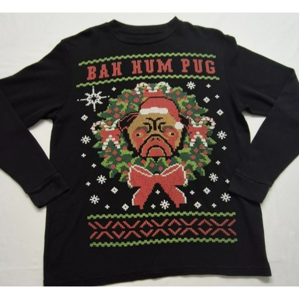 Dec‎ 25TH Black Christmas "Bah Hum Pug" Long Sleeve Thermal Shirt Lg